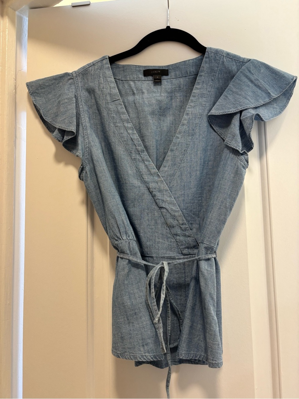 J. Crew 100% Cotton Chambray Wrap-Style Top with Flutter Sleeves